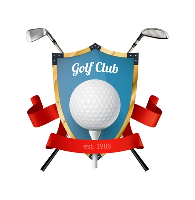 Golf composition with isolated golf club emblem with realistic ball and brassie images vector illustration