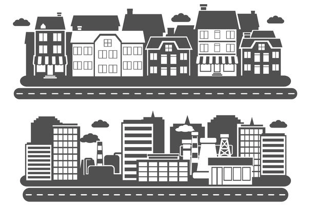 Landscape city industrial and urban building black horizontal banner set isolated vector illustration