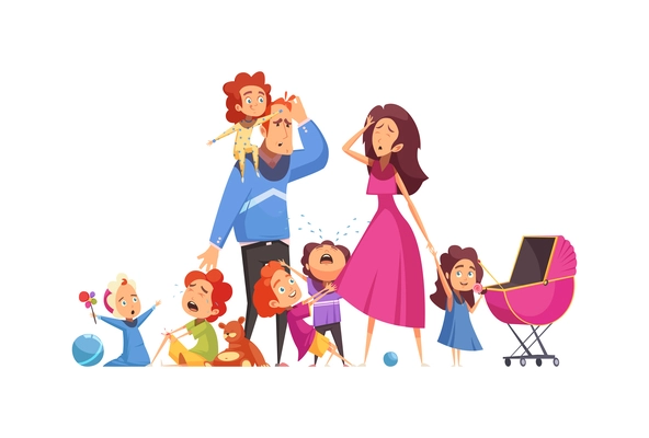 Large family horizontal composition with many little children and tired parents flat vector illustration