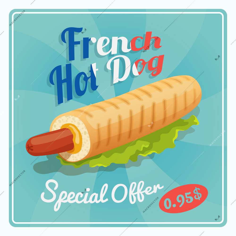 Grilled french hot dog with sauce fast food retro poster vector illustration