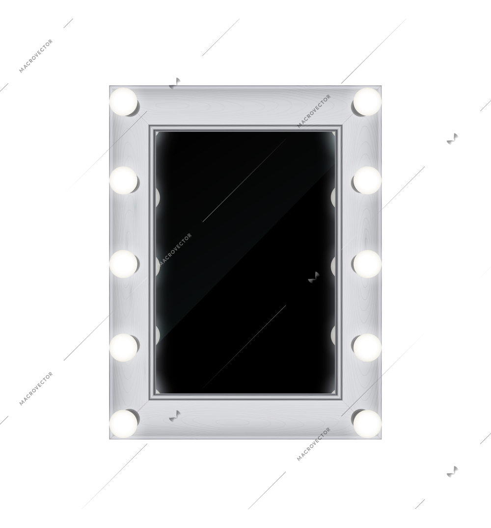 Makeup mirror realistic composition with isolated front view of studio glass with glowing lamps vector illustration