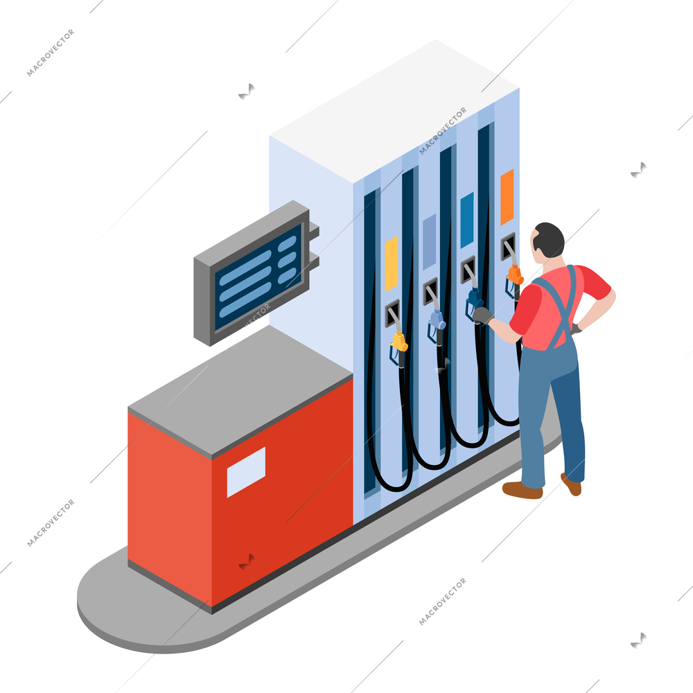 Gas station isometric composition with isolated view of fuel filling station infrastructure element vector illustration