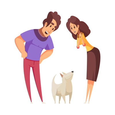 Animal shelter adoption center homeless pets composition with doodle people and pet vector illustration