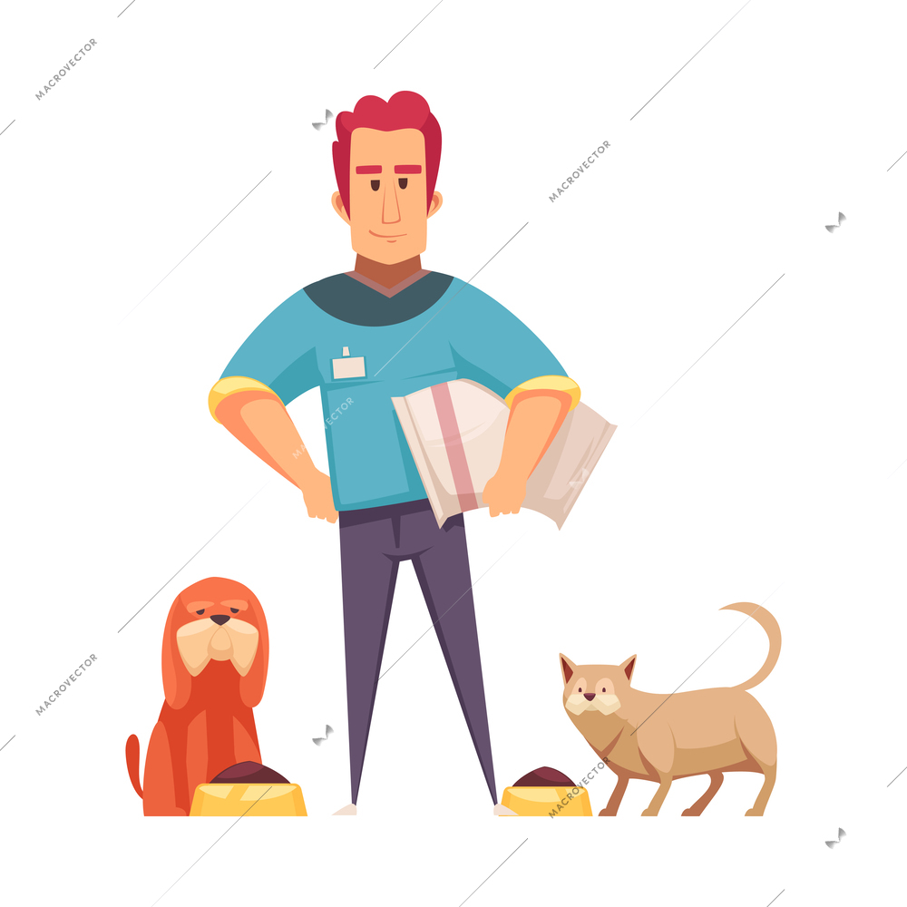 Animal shelter adoption center homeless pets composition with doodle people and pet vector illustration