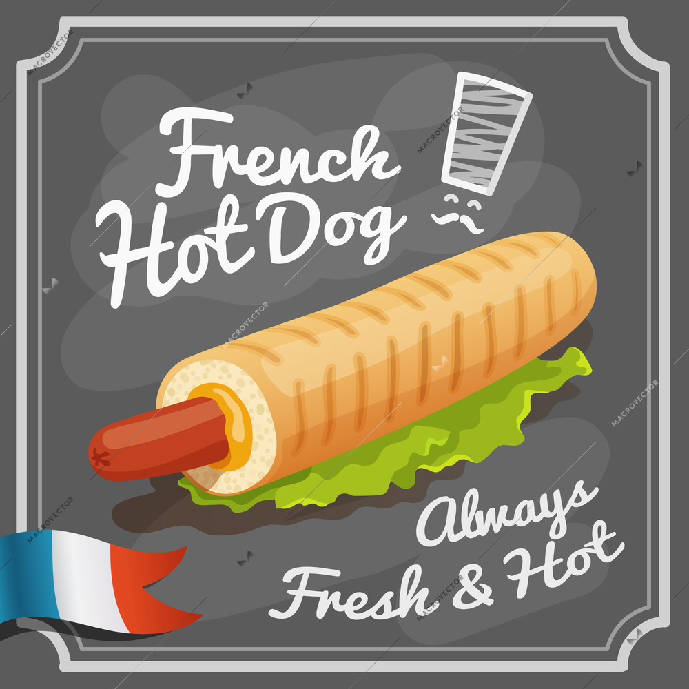 French hot dog retro fast food restaurant fast food promo poster vector illustration