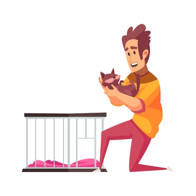 Animal shelter adoption center homeless pets composition with doodle people and pet vector illustration