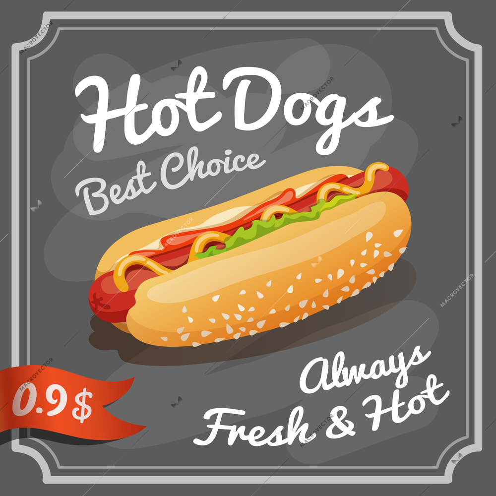 Fast food restaurant chalkboard retro poster with grilled hot dog vector illustration