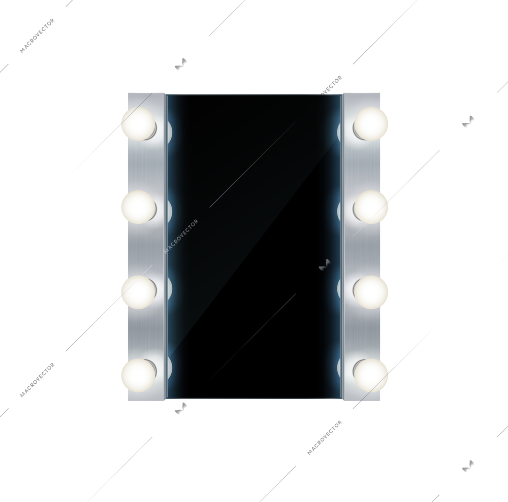 Makeup mirror realistic composition with isolated front view of studio glass with glowing lamps vector illustration