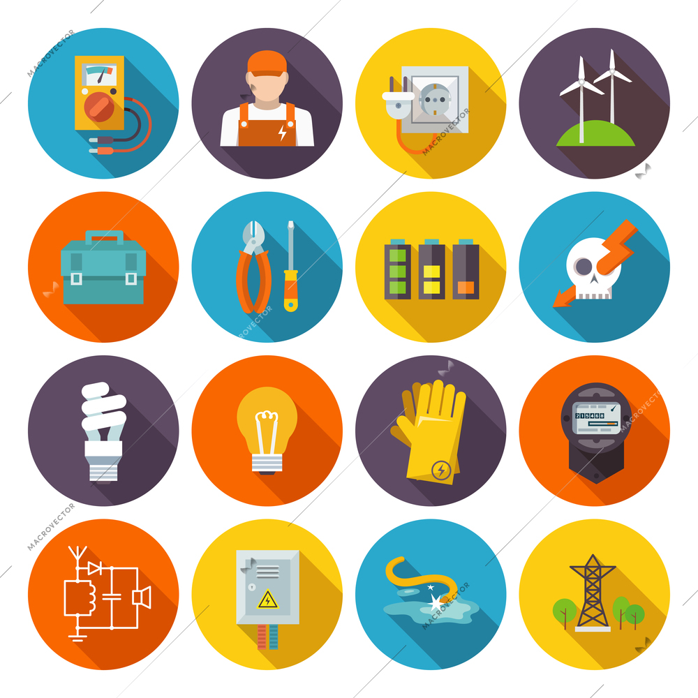 Electricity icon flat set with electric energy power equipment test toolbox isolated vector illustration