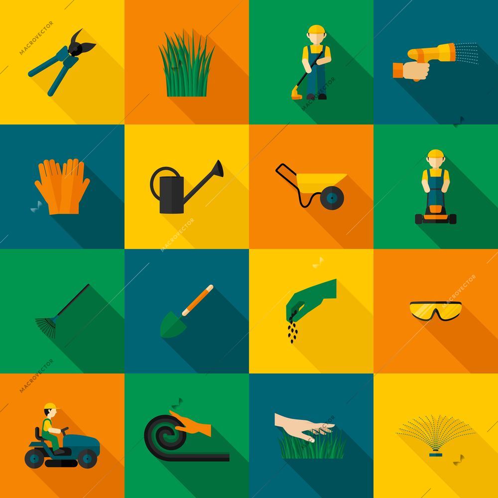 Lawn man icon flat with gardening equipment set isolated vector illustration