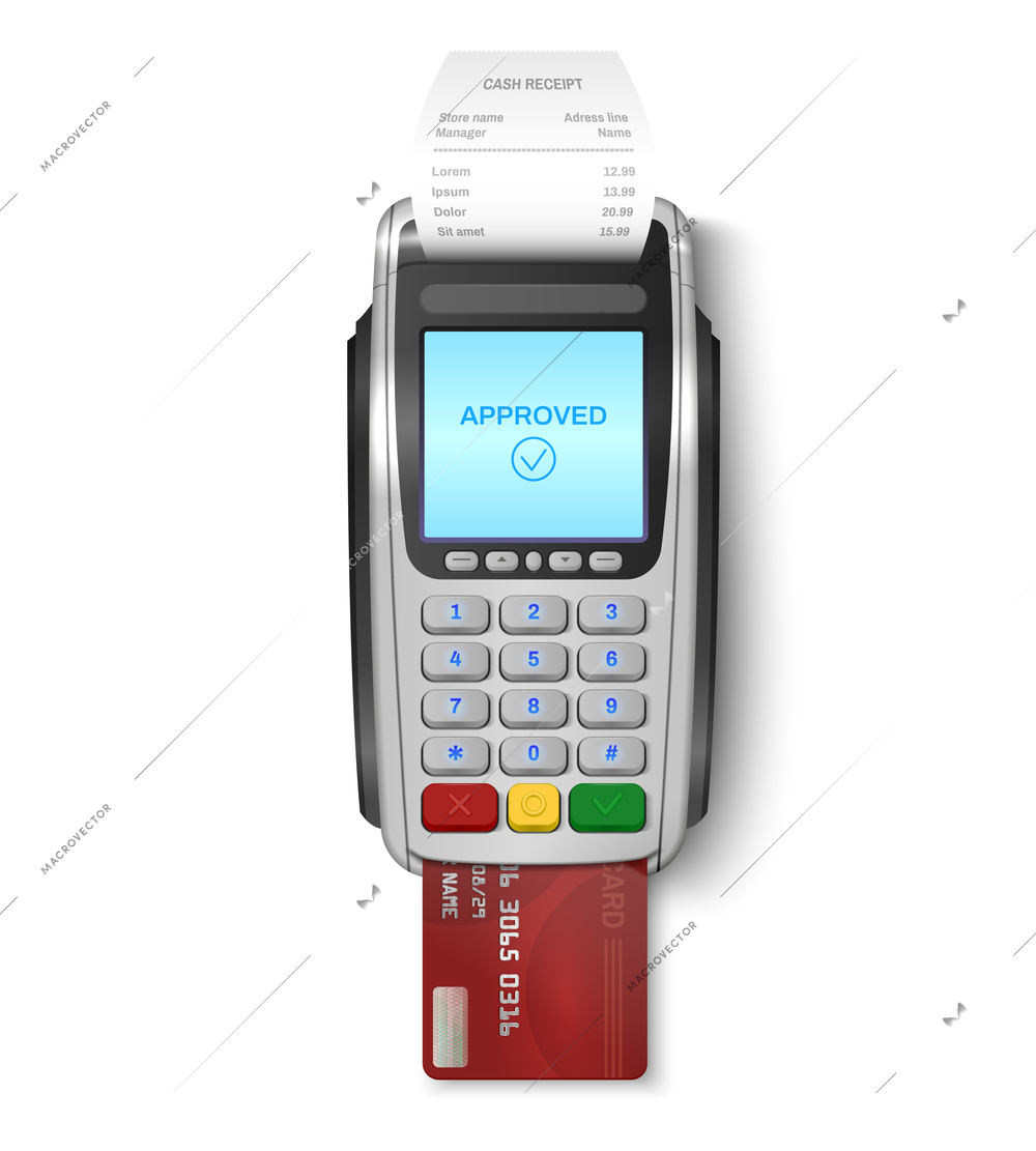 POS terminal with credit card  and cash receipt inside isolated on white background vector illustration