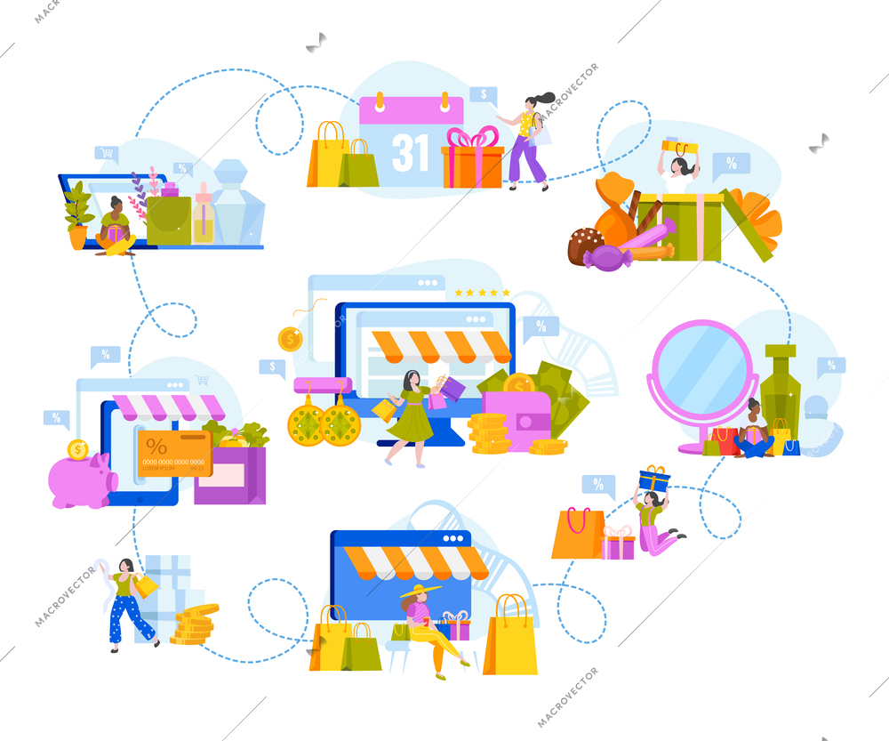 Shopping girls flat flowchart with compositions of shop icons goods and people connected with dashed line vector illustration