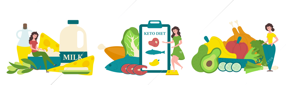 Keto colored flat icon set thinner girl with dairy products menu of diet plan and vegetables vector illustration