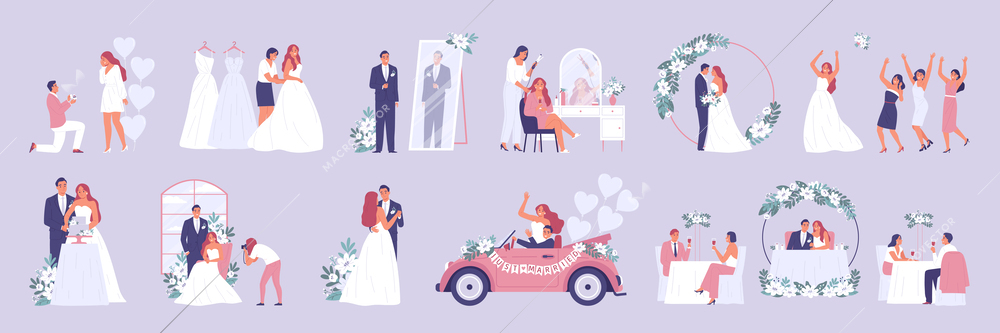 Wedding ceremony color set with isolated icons of newly wedded couple and their guests with rituals vector illustration