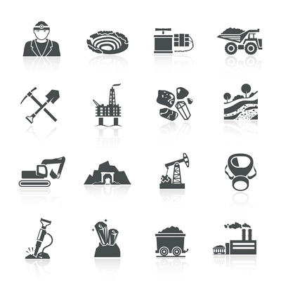 Mining icons black set with hammer helmet lamp earth mover isolated vector illustration