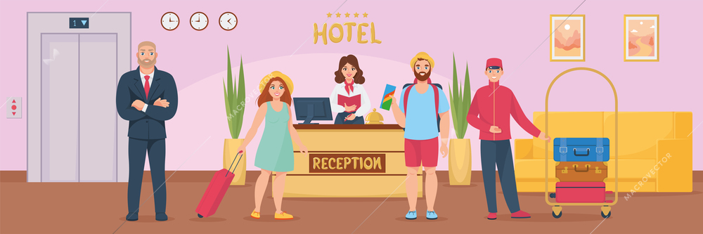 Hotel staff flat composition with horizontal view of hotel lobby with reception stand guard and porter vector illustration
