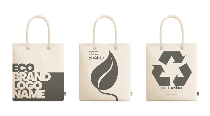 Tote fabric bag mockup realistic set with three isolated hand bags with eco brand logo name vector illustration