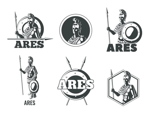 Set of black and white emblems with greek olympian god ares isolated vector illustration