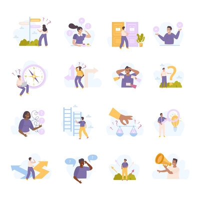 Future career search flat icons set with people thinking about finding work or personal growth isolated vector illustration