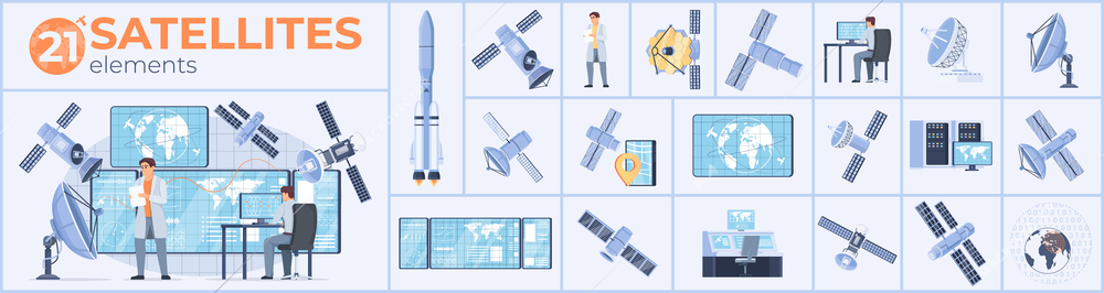 Satellites composition set with broadcast and shuttle symbols flat isolated vector illustration