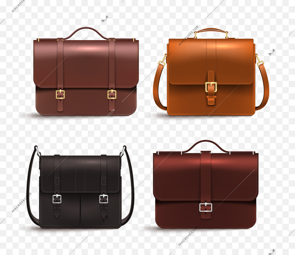 Realistic leather business bag men set with four different briefcase bags fashionable accessories on transparent background vector illustration