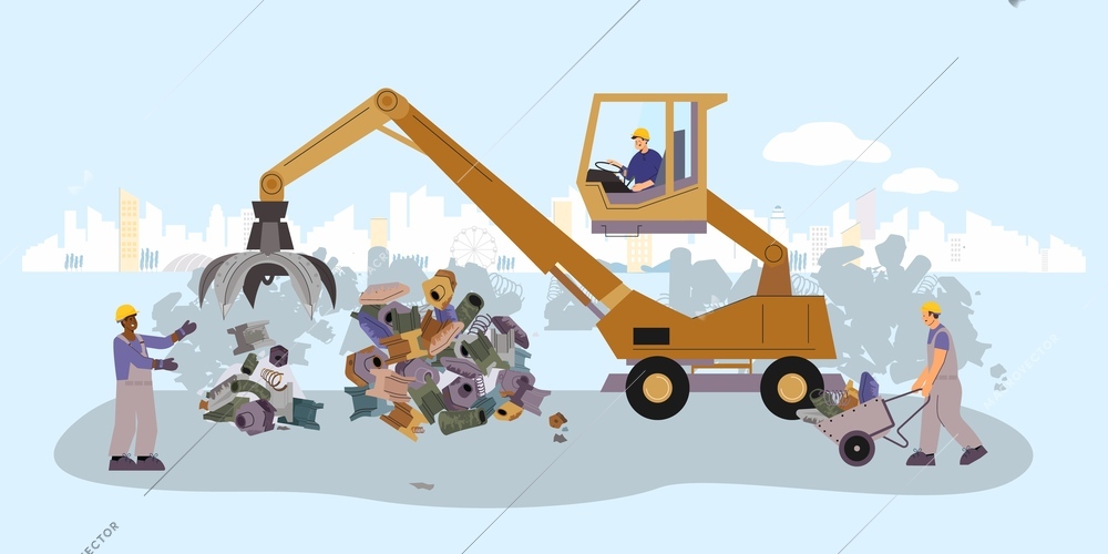 Scrap metal flat composition with cityscape background and view of bulldozer with workers moving waste iron vector illustration