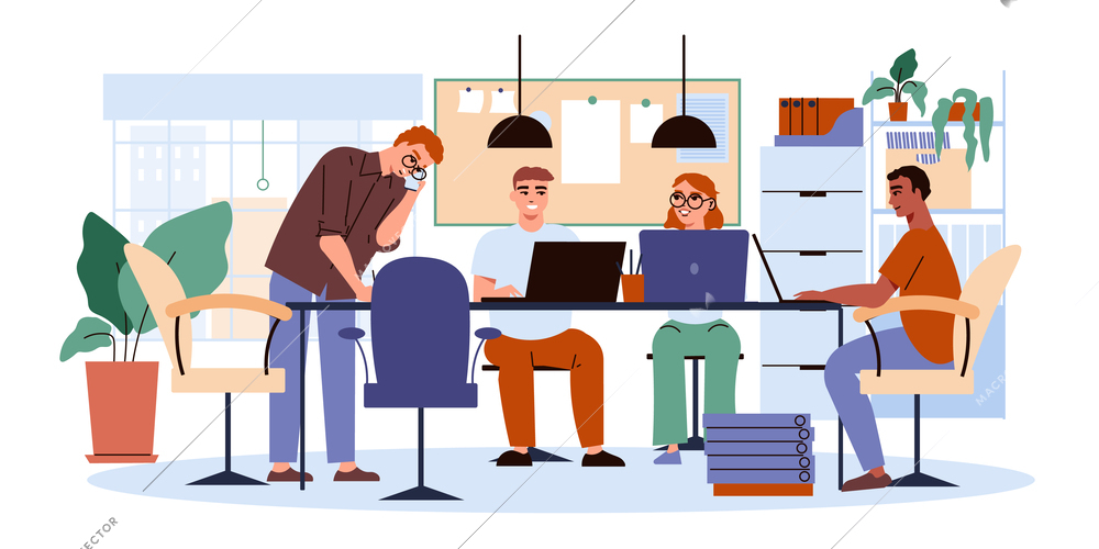 Office flat concept with employees sitting at work table vector illustration