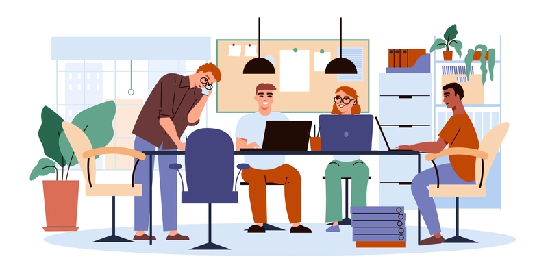 Office flat concept with employees sitting at work table vector illustration