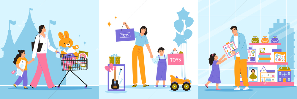 Toys shop flat design concept with parents buying gifts to happy children isolated vector illustration