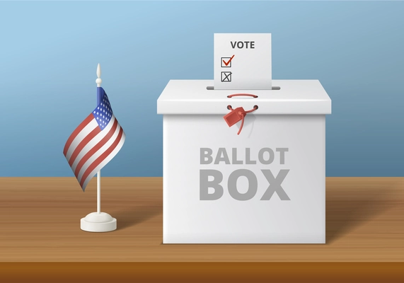 Elections voting realistic composition with view of paper ballot box and american flag on wooden desk vector illustration