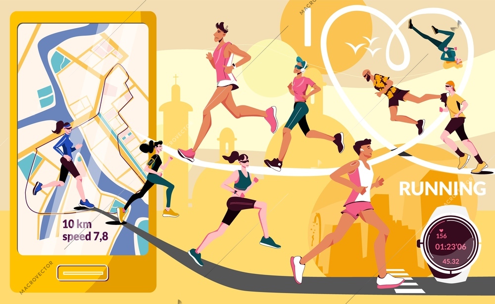 City running flat composition athletes run and enjoy their run with the app on their smartphone and gps watch vector illustration