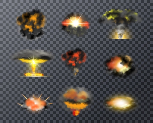 Realistic color bomb explosions of different shapes isolated on transparent background vector illustration