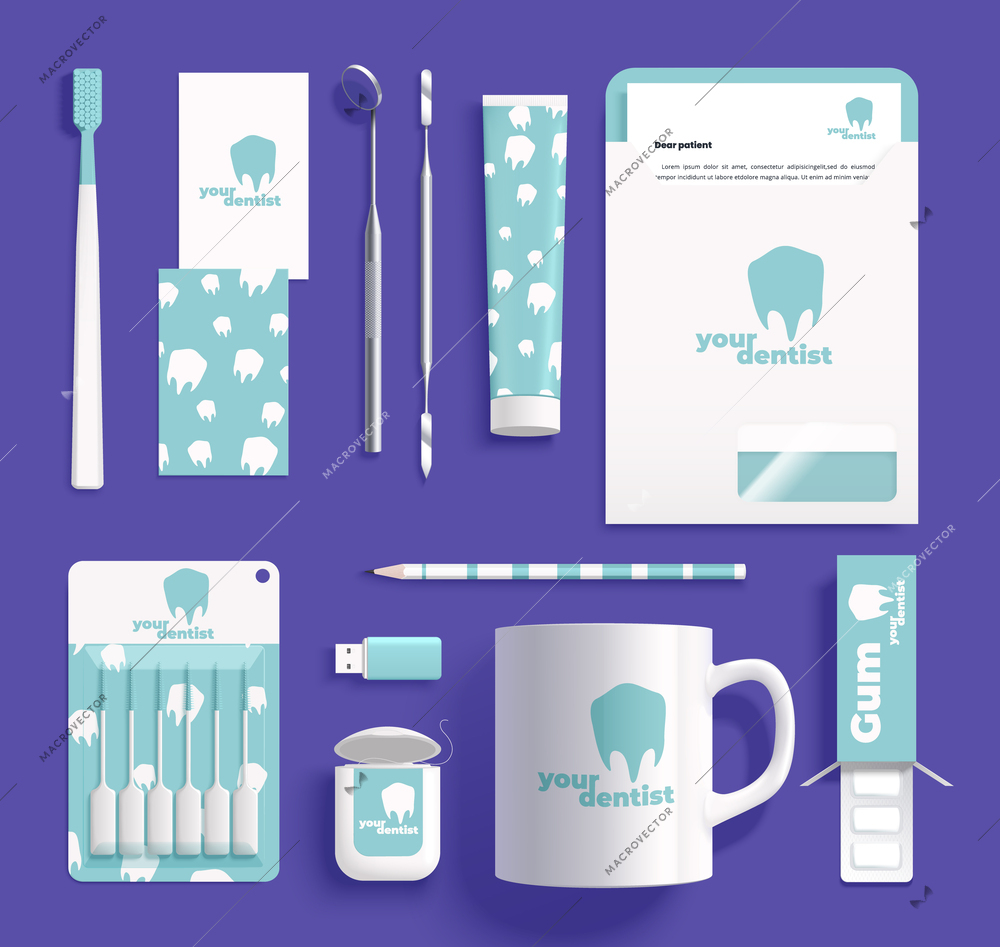 Realistic template of corporate style for stomatology company with your dentist text on medical tools and stationery isolated vector illustration