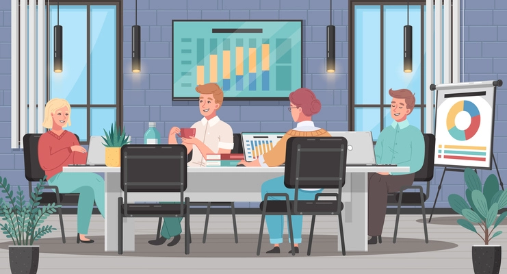 Meeting room cartoon with people discussing business projects and projection screen on background vector illustration