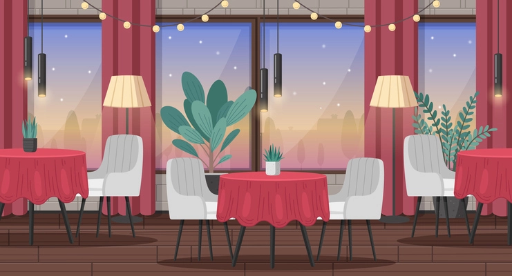 Restaurant interior cartoon scene with fancy furniture and decoration items vector illustration