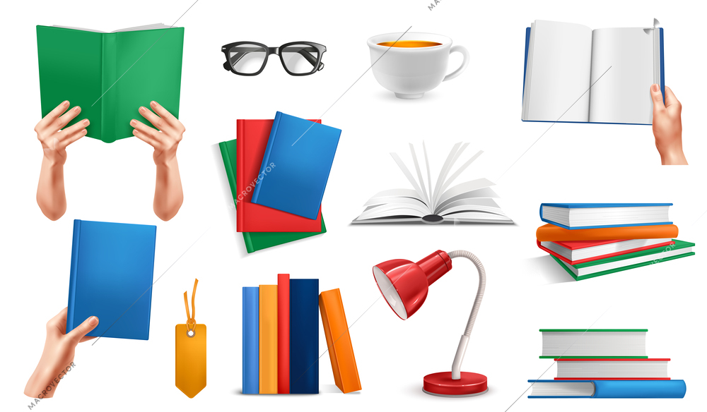 Realistic book lover icons set with library and bookstore symbols isolated vector illustration