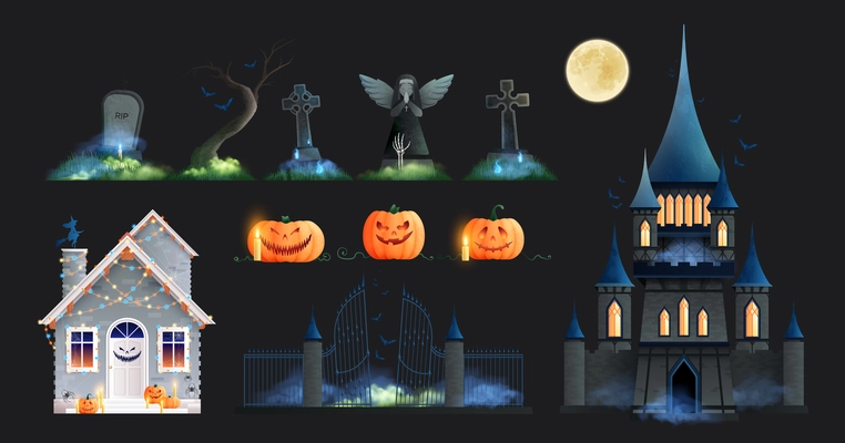 Halloween holiday glowing elements set of pumpkins cemetery gates gravestones old castle isolated on black background cartoon vector illustration