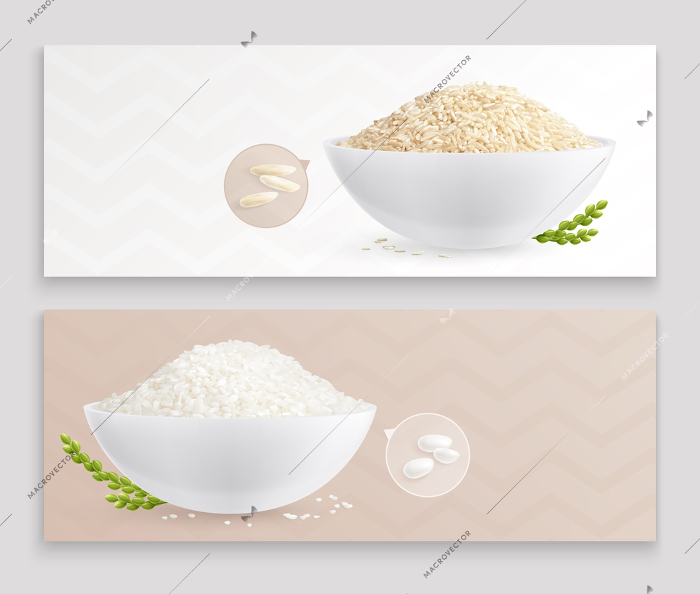 Rice realistic banners with bowls filling with parboiled and raw grains of natural product vector illustration