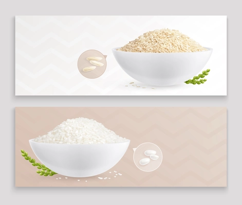 Rice realistic banners with bowls filling with parboiled and raw grains of natural product vector illustration