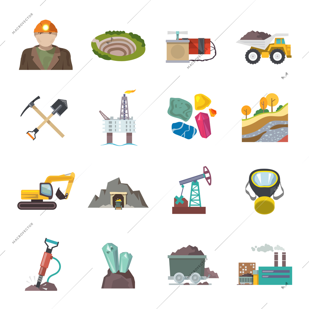 Coal diamond gold mining icons flat set isolated vector illustration