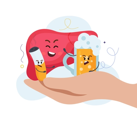 Hand holding cartoon characters of human organ liver cigarette and glass of beer flat composition vector illustration