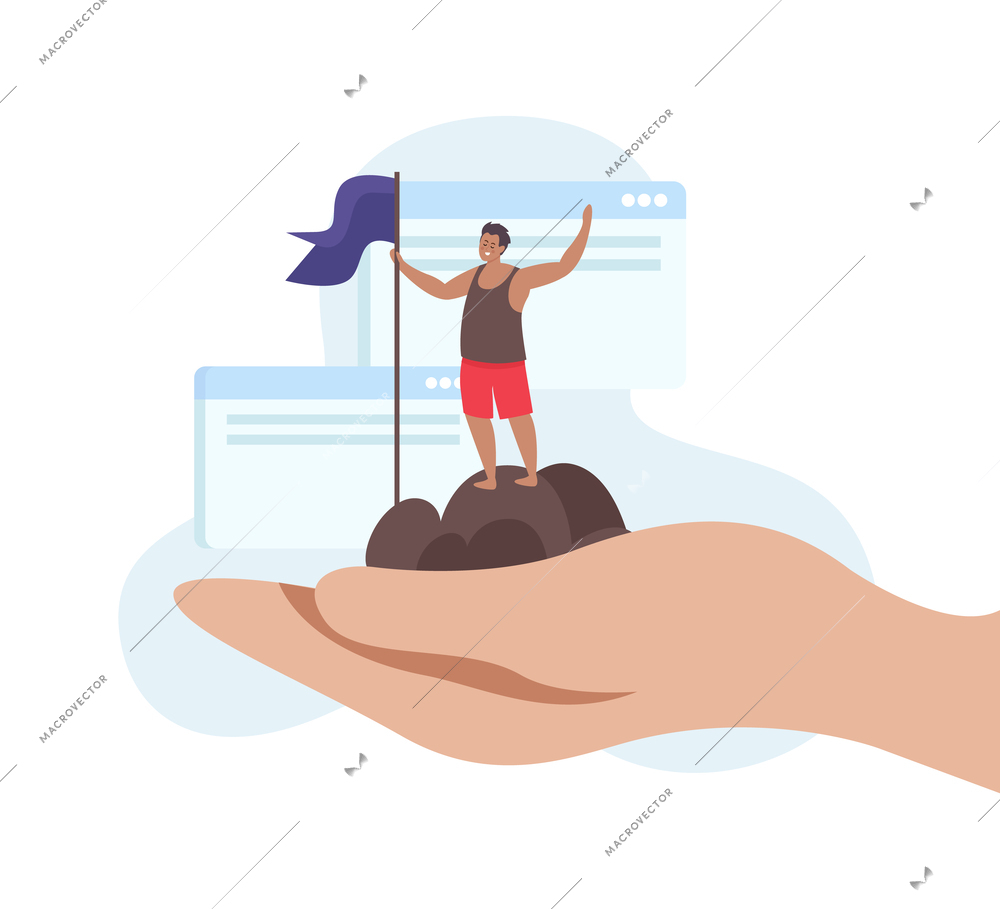 Flat concept of success achievement and leadership with human hand holding man planting flag vector illustration