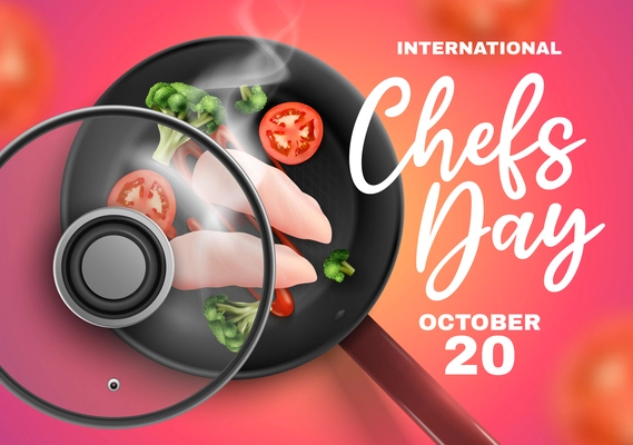 International chefs day composition chicken breasts with vegetables stewed in a pan vector illustration