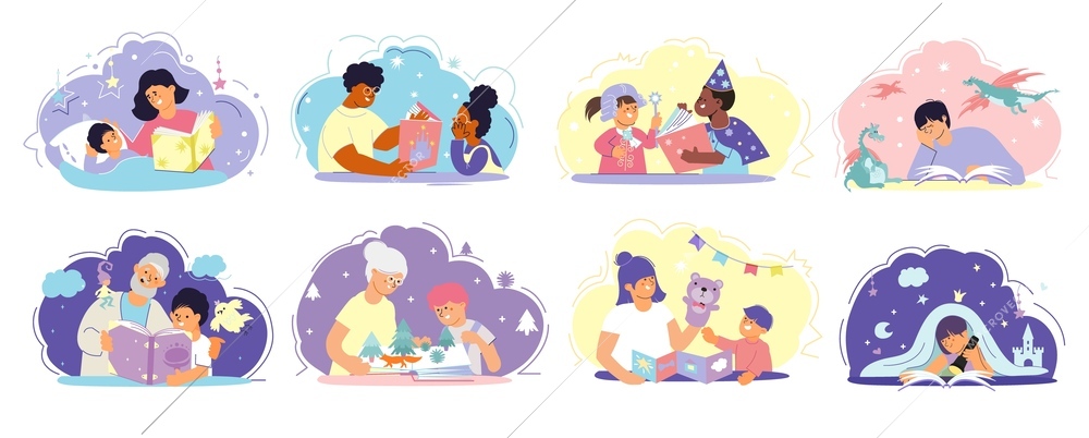 Fairy tales reading flat compositions with adult people reading book to their children isolated vector illustration