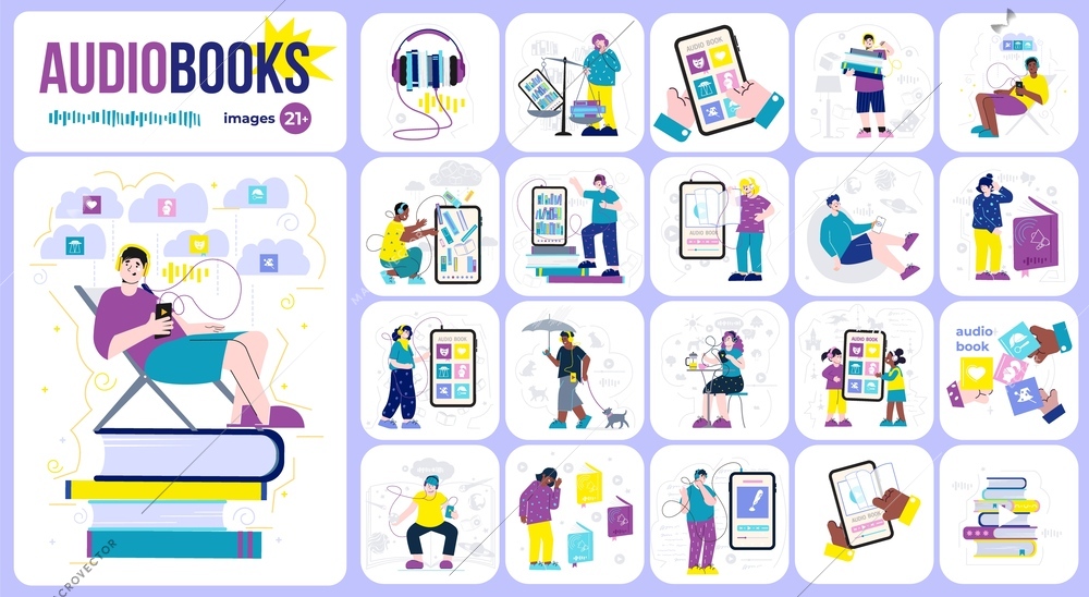 Audio books flat composition consisting of twenty one images of people in headphones listening to audiobooks from smartphone vector illustration