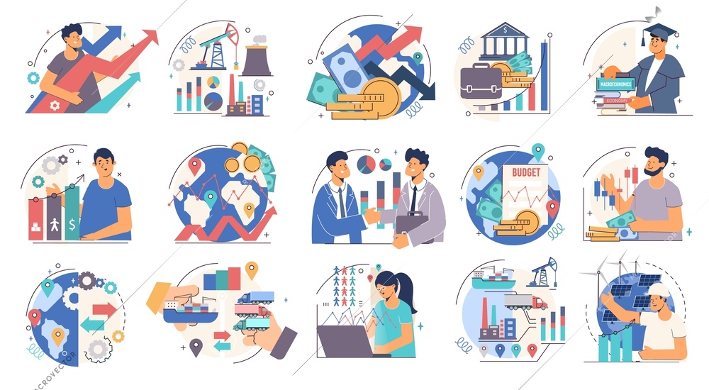 Macroeconomics flat set of industrial and banking icons businessmen and scientists characters ratings and trends charts isolated vector illustration