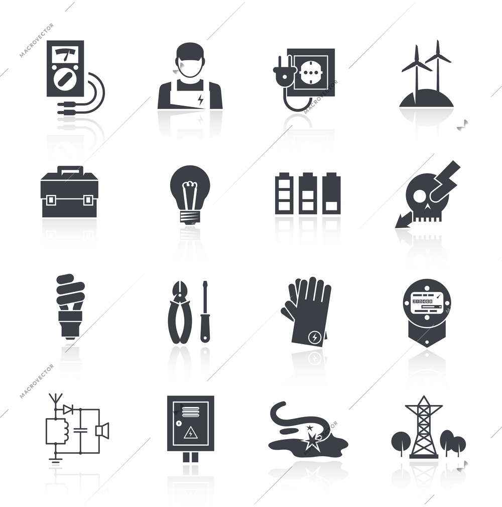 Electricity icon black set with toolbox lamp charge warning sign isolated vector illustration