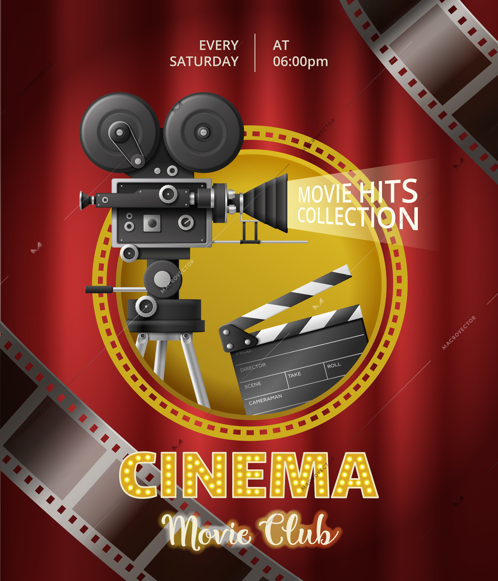 Realistic cinema movie club poster template with camcorder clapper tapes on red curtain background vector illustration