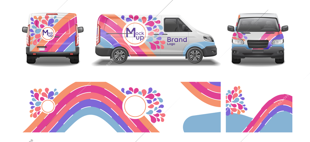 Car van mockup livery wrap design realistic set with front back and side views of automobile vector illustration