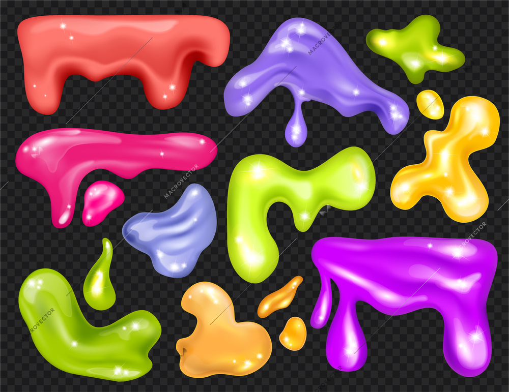 Realistic glitter slime large and small liquid drops of different colors on transparent background icon set vector illustration